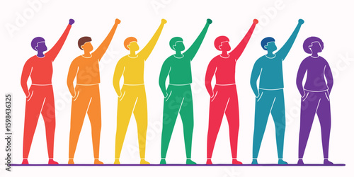 Diverse group of people raises their fists in solidarity, with rainbow colors and white backdrop