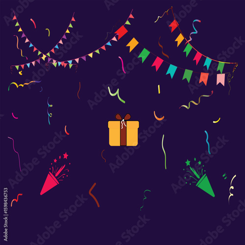 Image of a festively decorated room with buntings garland and a streamer of confetti Celebration party hand drawn flags. Vector linear illustration
