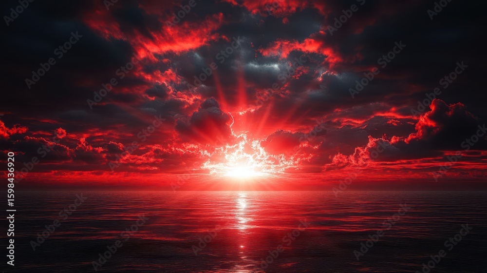Obraz premium Crimson Sunset Over Ocean