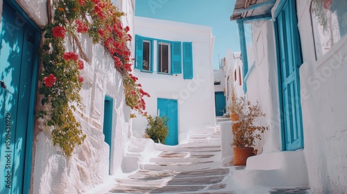 Fototapeta Naklejka Na Ścianę i Meble -  Sunny Greek island street with whitewashed houses, blue doors, and vibrant flowers.