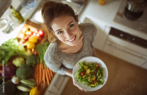 A salad plate in the hands of a smiling woman: an overhead view of a table with vegetables in a white kitchen under warm light