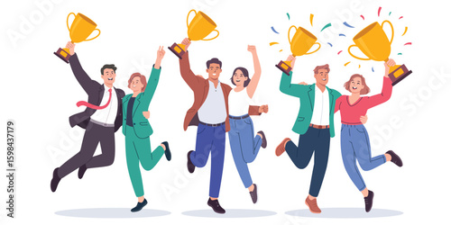 Group of people jumping with trophies and confetti, celebrating achievement, success, and recognition in a vibrant business illustration