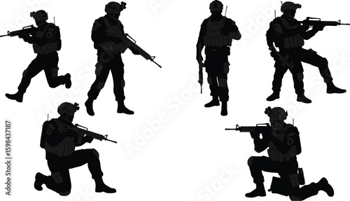 Vector art of silhouetted soldiers in tactical gear are ready for action, isolated on white background