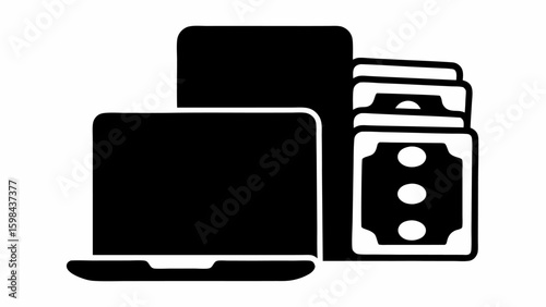 Illustration of a laptop phone and stack of money