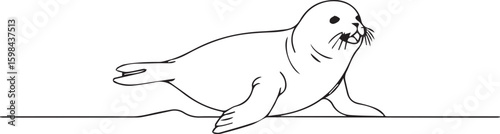 Line art of a playful baby seal sliding on ice, minimal details with bold black lines, white background,