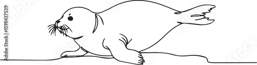 Line art of a playful baby seal sliding on ice, minimal details with bold black lines, white background,