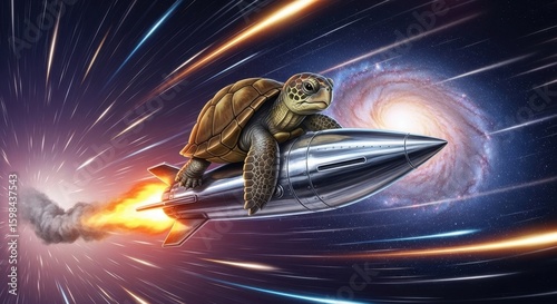 Turtle journeys through space on a gleaming silver rocket, leaving trail of fire and smoke. Galaxy spreads across background. Streaks of light indicate great speed