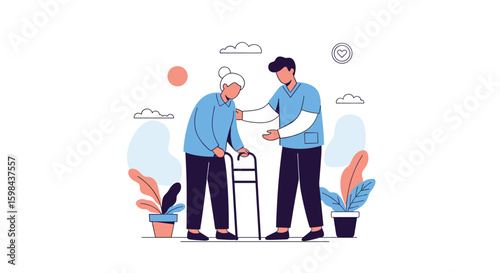 Dedicated caregiver assists elderly person using a walker with support and empathy enhancing independence and well-being