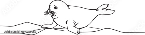 Line art of a playful baby seal sliding on ice, minimal details with bold black lines, white background,