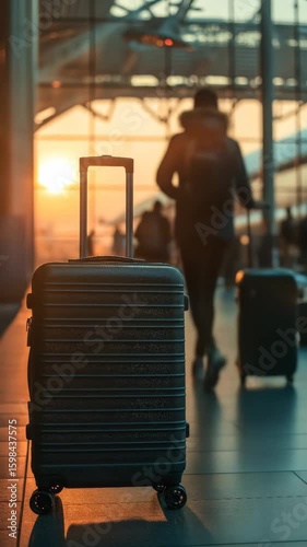 Dark suitcase standing on floor in airport terminal with sunset light. Travel and holiday concept footage.