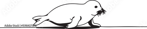 Line art of a playful baby seal sliding on ice, minimal details with bold black lines, white background,