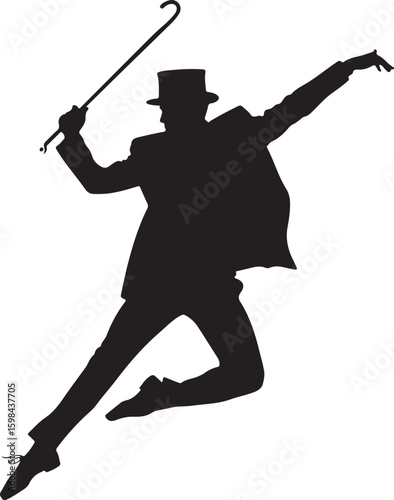 Silhouette of a man in a top hat and suit jumping with a cane vector