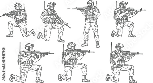 Vector art of outlined soldiers in tactical gear are ready for action, isolated on white background