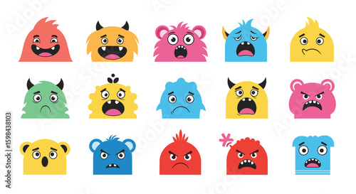 Collection of adorable and expressive pixelated monster faces showing various emotions and feelings for digital art projects
