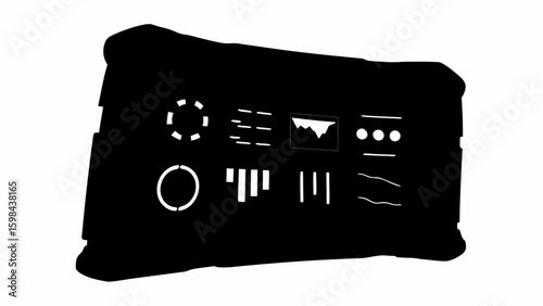 Black box with various white symbols and patterns