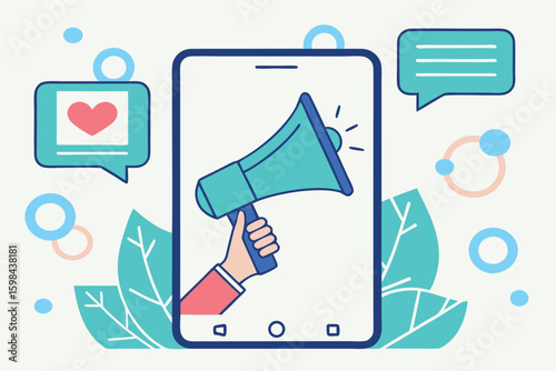 An arm holds a megaphone within the phone screen, surrounded by speech bubbles