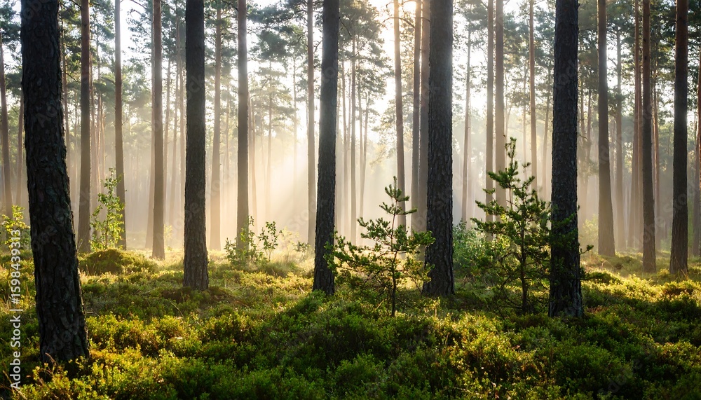 Naklejka premium Misty forest sunbeams (1)