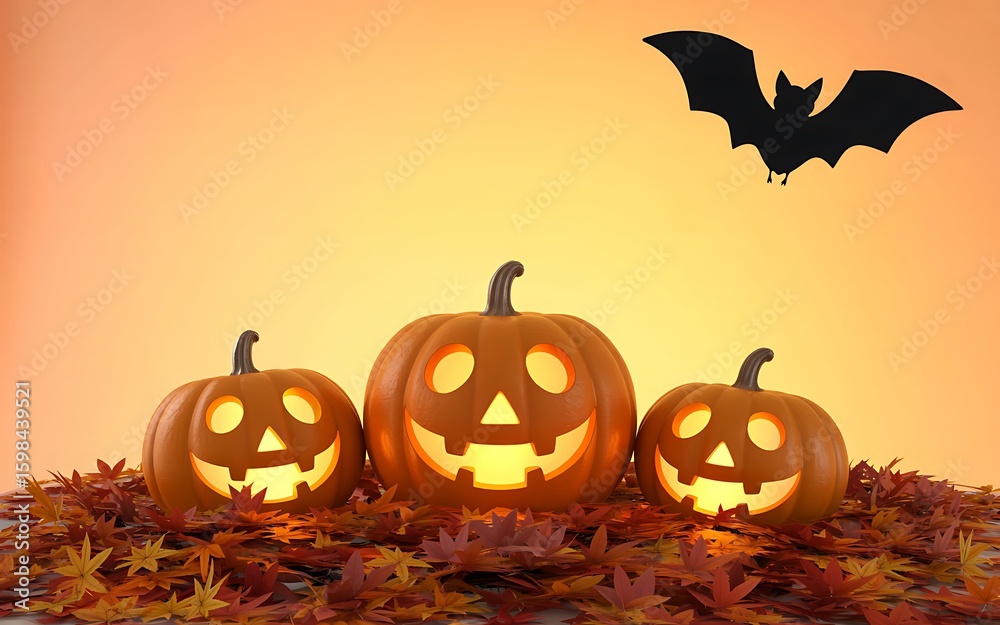 Fototapeta premium Three glowing jackolanterns sit on a pile of autumn leaves with a bat silhouette