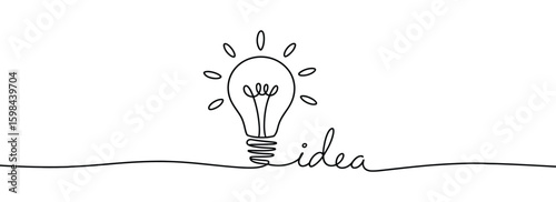Minimal line art of a glowing light bulb with cursive "idea" text, symbolizing innovation, inspiration, creativity, and conceptual thinking