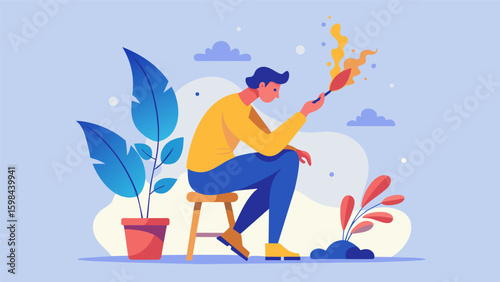 Amidst the peaceful sounds of trickling water and rustling leaves an artist sits perched on a stool using a delicate feather as a brush to expertly. Vector illustration