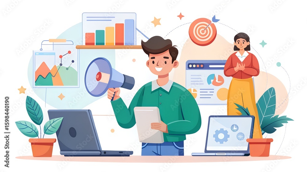 Fototapeta premium A confident man holds a megaphone and a document while presenting data and analytics to a colleague in a modern office