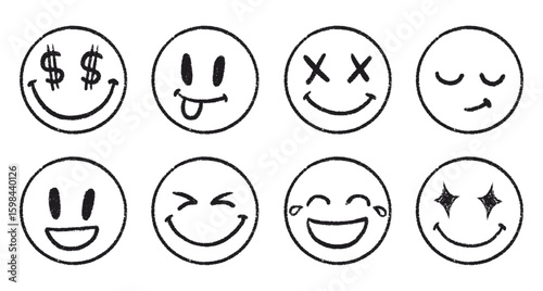 Chalk Style Emoji Set. Hand Drawn Smiley Faces with Cute Doodle Expressions. Happy, Sad and Laughing Vector Icons in Crayon Texture