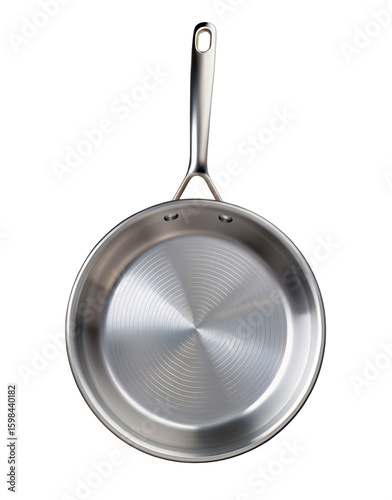 Stainless steel frying pan with long handle against black background on display for kitchenware