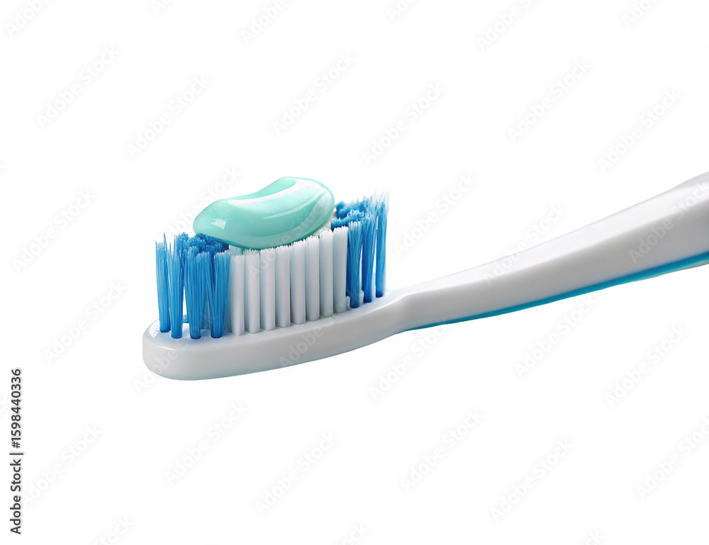 Closeup of a white toothbrush with blue bristles and a dollop of toothpaste on a black background Closeup of a white toothbrush with blue bristles and a dollop of toothpaste on a black background