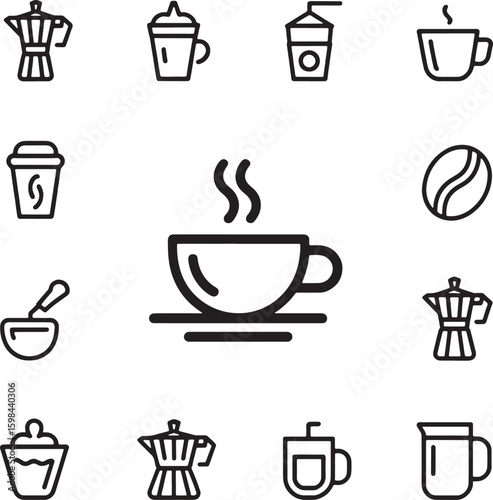 Coffee beverage preparation and serving icons espresso moka pot