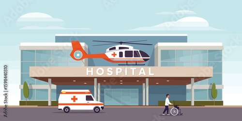 Modern hospital building with helicopter, ambulance, and wheelchair patient illustrating emergency services, care, and medical infrastructure