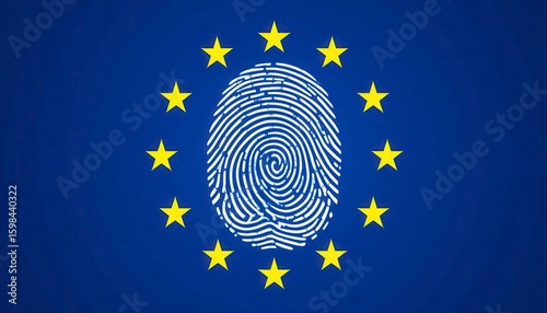 A fingerprint symbol in the center of a blue background surrounded by twelve yellow stars, representing European Union identity and security.