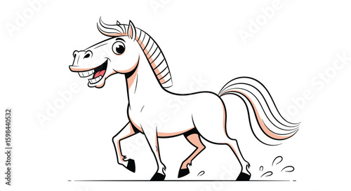 Happy white horse galloping freely through a sunny meadow enjoying the beautiful day
