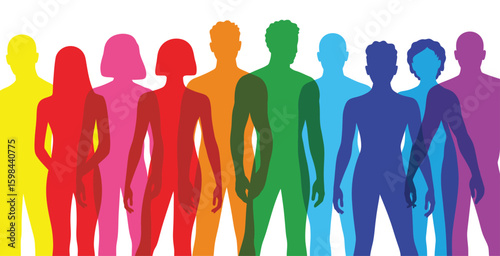 Multicolored silhouettes of people symbolizing diversity, unity, inclusion, and collective strength in a vibrant abstract graphic illustration