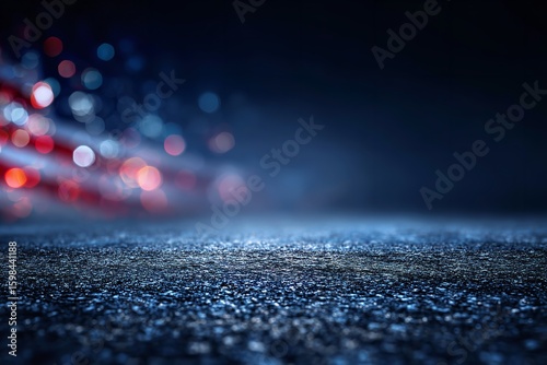 Abstract Blurred Asphalt Road with American Flag Bokeh – Dark Blue Gradient Background with Copy Space for Patriotic Product Presentation