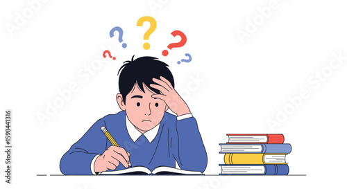 Young student struggling with difficult homework assignment feeling confused and overwhelmed by complex schoolwork at a desk with books