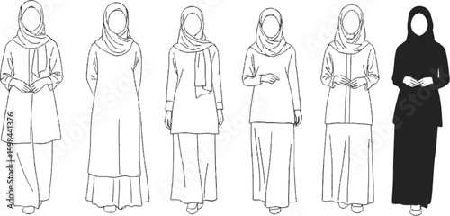 Vector art of a series of women are depicted wearing different styles of muslim attire and headscarves, isolated on white background
