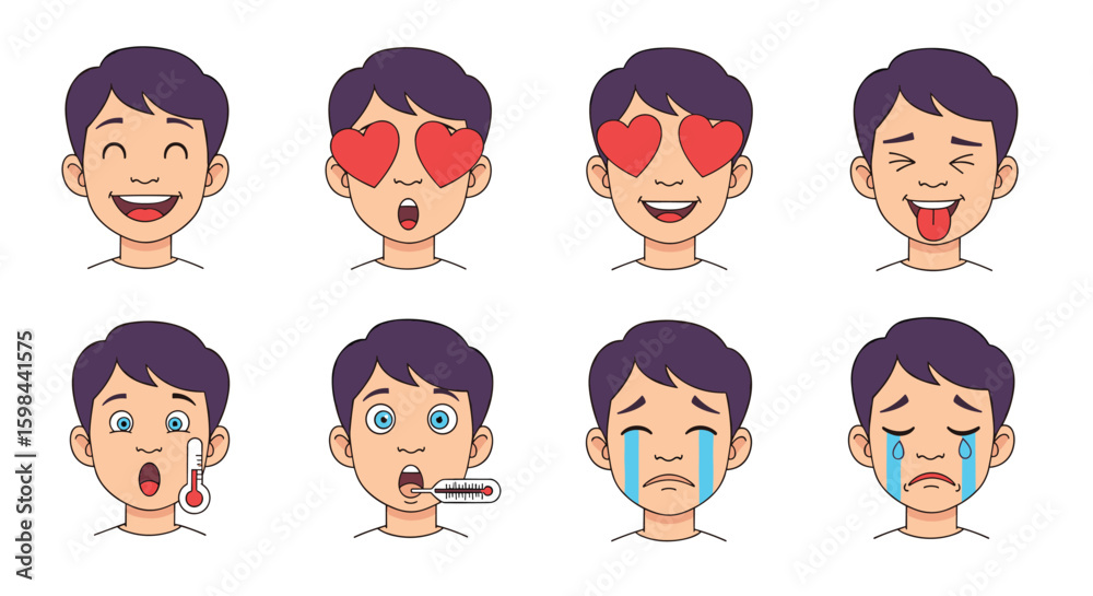 Collection of expressive cartoon boy faces showing various emotions and feelings with different facial expressions and eyes Collection of expressive cartoon boy faces showing various emotions and feelings with different facial expressions and eyes
