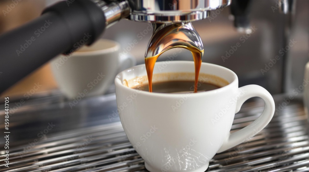 Vista de cerca del espresso vertiéndose desde una máquina de café espresso a una taza de café Vista de cerca del espresso vertiéndose desde una máquina de café espresso a una taza de café