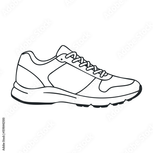 Black and white outline of a casual sneaker with lace details. Vector illustration