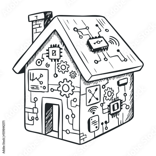 Hand-sketched smart house with technological symbols on exterior walls. Vector illustration