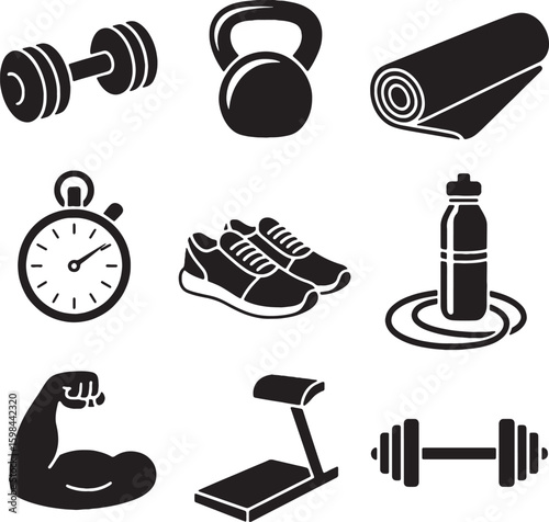 Fitness Icons Set with Dumbbells, Kettlebell, Yoga Mat, Stopwatch, Sneakers, Water Bottle, and Exercise Equipment