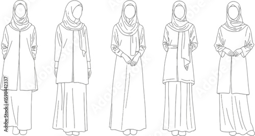 Vector art of a collection of abaya designs demonstrates the elegance and versatility of muslim womens clothing