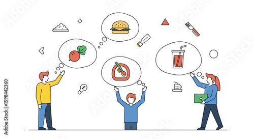 Illustrating people thinking about healthy food options and junk food choices together