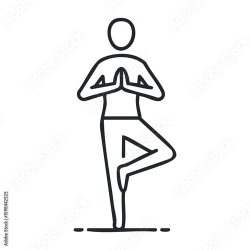 Minimalist line drawing of person practicing yoga pose in tree position. Vector illustration