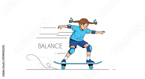 Young girl with pigtails demonstrates exceptional balance while skateboarding wearing protective gear active child enjoying outdoor sport