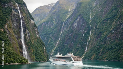 Majestic Cruise Ship Sailing Through Breathtaking Norwegian Fjord Landscape With Waterfalls