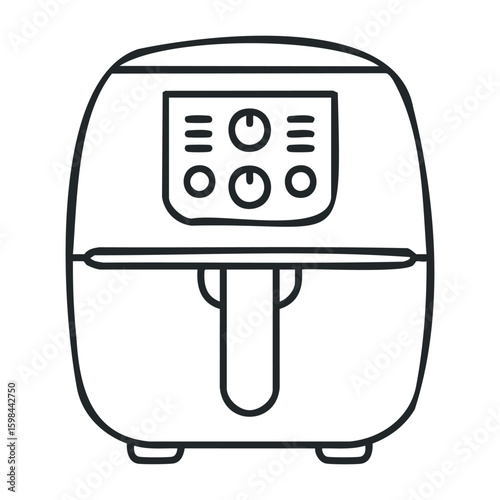 Modern digital air fryer with control panel and handle line art drawing. Vector illustration