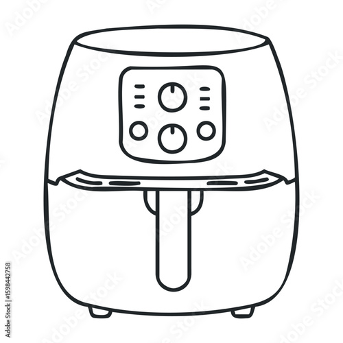 Sleek air fryer outline with digital control panel and modern design elements. Vector illustration