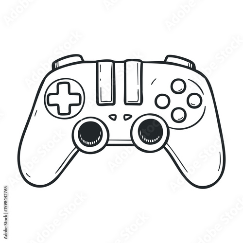 Black and white line drawing of a video game controller with buttons. Vector illustration