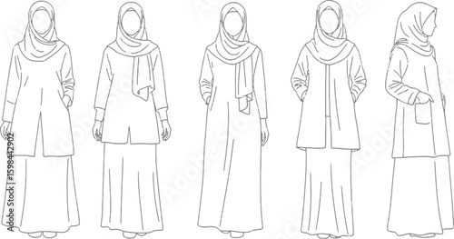 Vector art of the diverse abaya designs showcase the beauty and sophistication of muslim womens fashion choices
